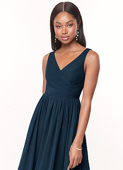 Azazie Keyla Bridesmaid Dresses Dark Navy A-Line V-Neck Pleated Chiffon Dress image5