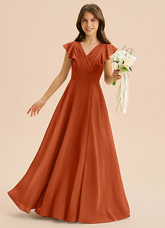 Azazie Anysa Junior Robe Trapèze en Mousseline de soie Rayé Orange Brûlée image1