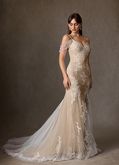 Azazie Saskia Wedding Dresses Diamond White Nude Mermaid Sequins Tulle Dress image3