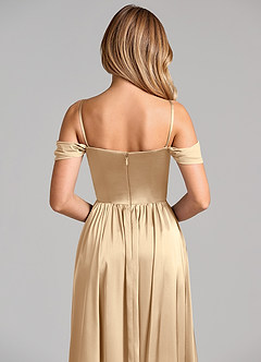 Azazie Raisa Bridesmaid Dresses Champagne A-Line Off the Shoulder Stretch Satin Dress image2