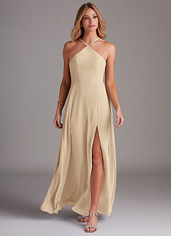 Azazie Bailey Bridesmaid Dresses Champagne A-Line Halter Side Slit Chiffon Dress image4