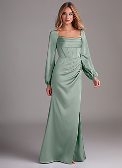 Azazie Charissa Bridesmaid Dresses Agave Sheath Long Sleeve Stretch Satin Dress image6