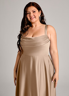 Azazie Shaude 신부 들러리 드레스 A라인 주름진 스트레치 새틴 바닥 길이 드레스 image9