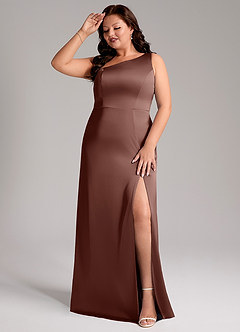 Azazie Phaedra Bridesmaid Dresses Espresso A-Line One Shoulder Stretch Satin Dress image10