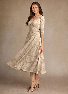 Azazie Durant Mother of the Bride Dresses Champagne A-Line Pleated Floral Burnout Dress image1