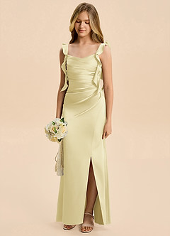 Azazie Jessamine Junior Lemon Sorbet A-Line Ruched Stretch Satin Dress image6