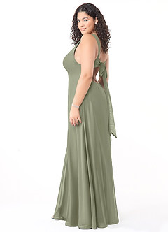 Azazie Christiana At-home Try On Dresses Dusty Blue A-Line V-Neck Pleated Chiffon Dress image10