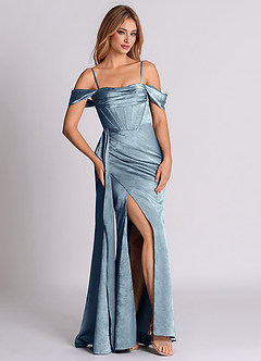 Azazie Amyra 신부 들러리 드레스 인어 오프 더 숄더 자카드 바닥 길이 드레스 image3