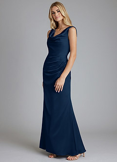 Azazie Tallie Bridesmaid Dresses Dark Navy Mermaid Pleated Stretch Satin Dress image2