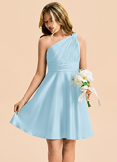 Azazie Charlize Junior Sky Blue A-Line Pleated Stretch Satin Dress image6