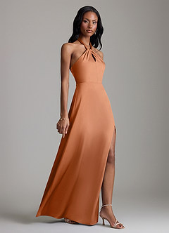 Azazie Tracie Bridesmaid Dresses Copper A-Line Side Slit Stretch Satin Dress image3