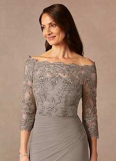 Azazie Rhonda Mother of the Bride Dresses Taupe Mermaid Off the Shoulder Mesh Dress image9