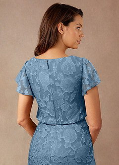 Azazie Lehi vestidos de madre de la novia Vestido de Azul Acero de Devorado Floral de Corte En A con Cuello de barco image7