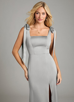 Azazie Frostine Vestidos de damas de honor Vestido de Plata de Satén Elástico de Corte en A con Lazo image3