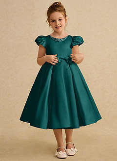 Azazie Pearl Flower Girl Dresses Peacock Ball-Gown Pleated Matte Satin Dress image1