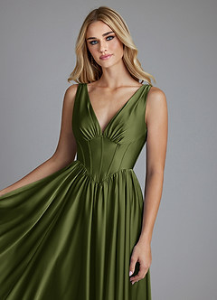 Azazie Delmie Bridesmaid Dresses Olive A-Line Corset Stretch Satin Dress image7