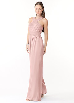 Azazie Berdie Abiti da Damigella Tuta in Chiffon con Scollo Halter Rosa Cipria image3