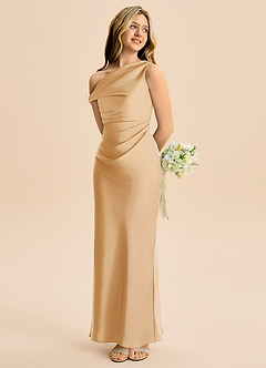 Azazie Emerson Junior Vestido de Oro de Satén Elástico de Corte Recto con Vestidos sin tirantes image6