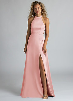 Azazie Clarice Bridesmaid Dresses Powder Pink A-Line High Neck Stretch Satin Dress image4