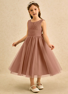 Azazie Macaron Robe Demoiselle D'honneur Fillette Robe Trapèze en Tulle Plissée Bronze image4