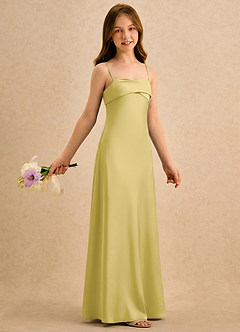 Azazie Mirabella Girls Formal vestidos de niña de las flores Vestido Canario de Satén Elástico de Recto con Escote corazón image4