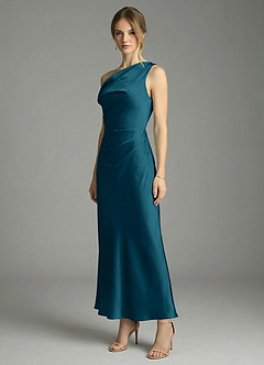 Azazie Emerson Vestidos de damas de honor Vestido de Azul Tinta de Satén Elástico de Corte Sirena con Vestidos sin tirantes image4