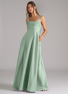 Azazie Shaude Bridesmaid Dresses Agave A-Line Pleated Stretch Satin Dress image4
