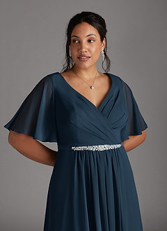 Azazie Tricia Abiti per la Madre della Sposa Abito A-Line in Chiffon con Scollo a V a Pieghe Marino Scuro image9