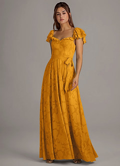 Azazie Aricella Brautjungfernkleider A-Linie Korsett Blumen-Burnout Kleid Butterscotch image3