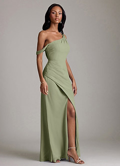 Azazie Madelyn Vestidos de damas de honor Vestido de Pistacho de Gasa de Corte Sirena Convertible con Hombro unilateral image5