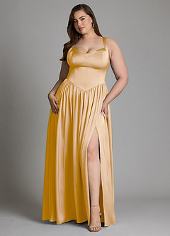 Azazie Francis Vestidos de damas de honor Vestido Oro de Satén Elástico de Línea A con Corsé image9