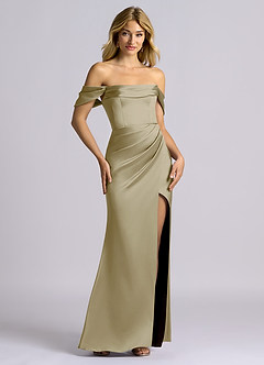Azazie Auden Bridesmaid Dresses Moss Green Sheath Off the Shoulder Stretch Satin Convertible Dress image7