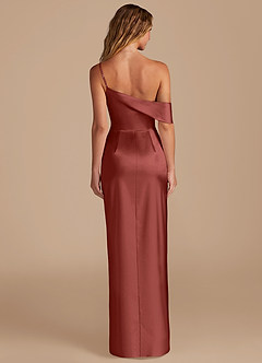 Azazie Lia Bridesmaid Dresses Terracotta Sheath Off the Shoulder Metallic Satin Dress image4