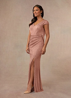 Azazie Galilea vestidos de madre de la novia Vestido de Oro Rosa de Malla Metálica de Sirena con Cuello en V image2