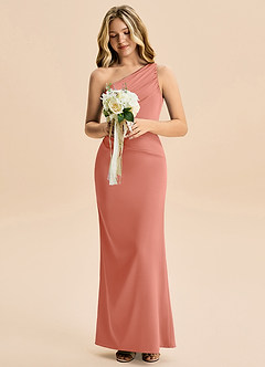 Azazie Akilah Junior Robe Fourreau en Satin extensible Plissée Rose Saumon image4