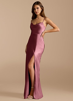 Azazie Erma Bridesmaid Dresses Desert Rose A-Line Side Slit Metallic Satin Dress image4