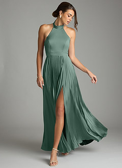 Azazie Zienna Venta Final Vestido de Eucalipto de Satén Elástico de Corte en A con Plisado image3