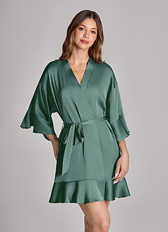 front Matching Color 2-Piece Ruffle Satin Robe and Slip Set