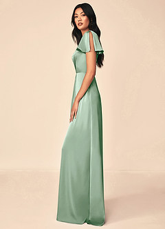 Azazie Soren Bridesmaid Dresses Agave A-Line Pleated Stretch Satin Dress image3
