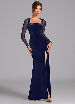 Azazie Megan Bridesmaid Dresses Dark Navy Mermaid Long Sleeve Mesh Dress image1