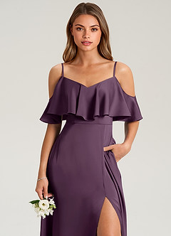 Azazie Jean Bridesmaid Dresses Plum A-Line Off the Shoulder Stretch Satin Dress image6