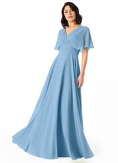 Azazie Pamela Vestidos de damas de honor Vestido de Azul Acero de Gasa de Corte en A con Cuello en V plisado image1