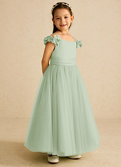 Azazie Jujube Flower Girl Dresses Dusty Sage A-Line Beaded Tulle Dress image1