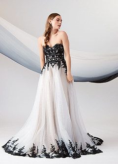 Azazie Adelaide Wedding Dresses Black Nude A-Line Lace Tulle Dress image1