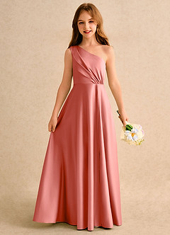 Azazie Puddles Girls Formal vestidos de niña de las flores Vestido de Rosa Salmón de Satin Mate de Corte en A con Hombro unilateral image1