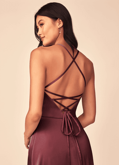 Azazie Mei Bridesmaid Dresses Merlot A-Line V-Neck Stretch Satin Dress image3