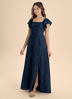 Azazie Bondi Junior Dark Navy A-Line Bow Floral Burnout Dress image1