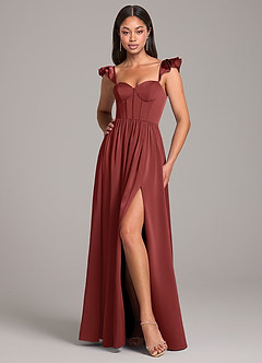 Azazie Denisse Robes de demoiselle d'honneur Robe Trapèze en Satin extensible Drapé Terracotta image1