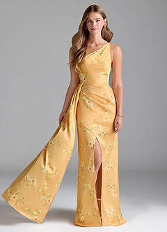 Azazie Maron Bridesmaid Dresses Golden Blooms A-Line One Shoulder Stretch Satin Dress image3