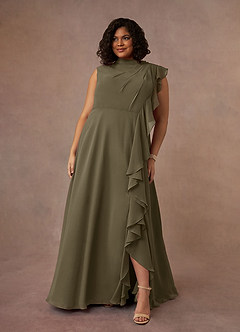 Azazie Narine vestidos de madre de la novia Vestido de Verde Sauce de Gasa de Corte En A con Cuello alto plisado image7